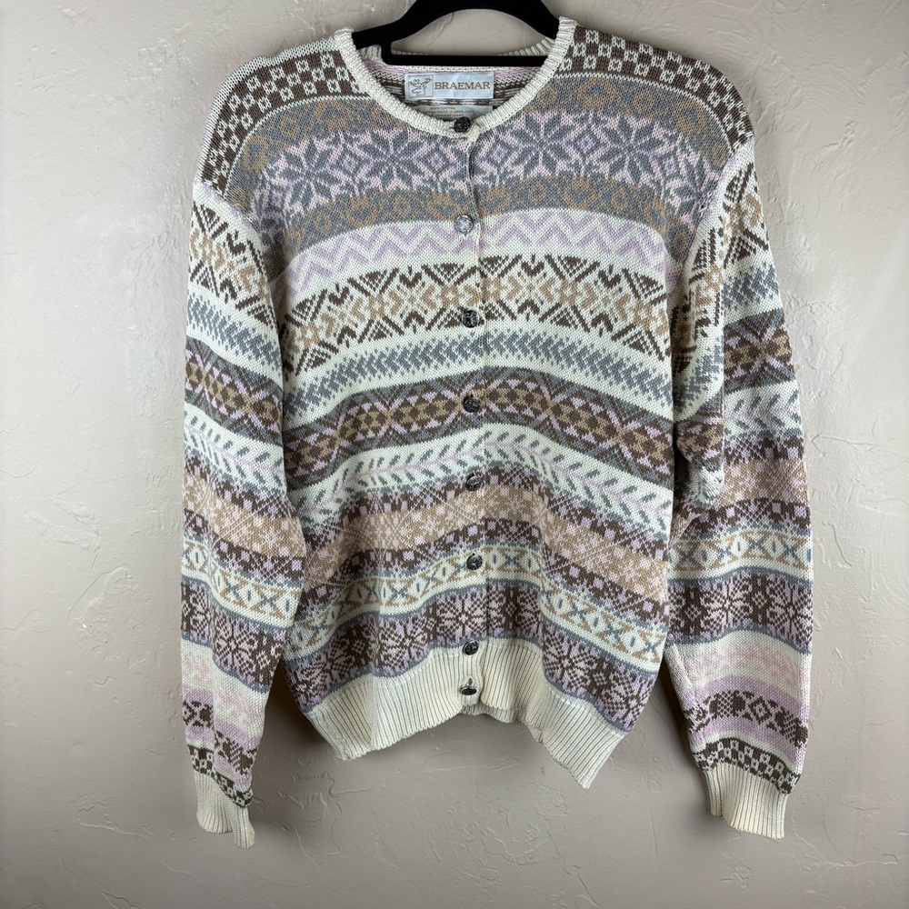 Vintage Braemar Cream Pink Fair Isle Cotton Cardigan Sweater Women’s 40 Large